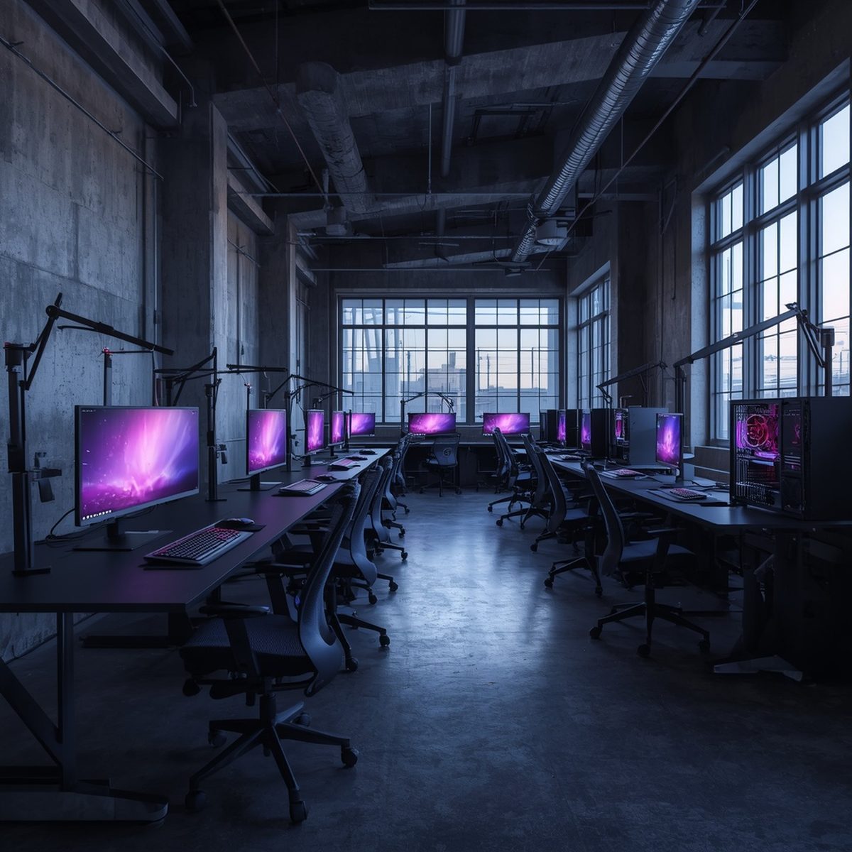 A hand-built gaming station on a cluttered workshop bench, monitor glowing beside cut paper and tools